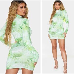 Lime Oriental Print Slinky High Neck Long Sleeve